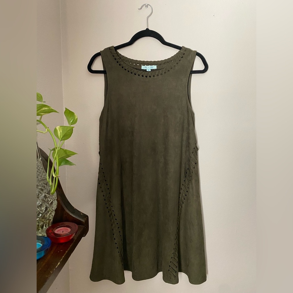 Olive Green/Brown Suede Shift Dress - She + Sky Brand